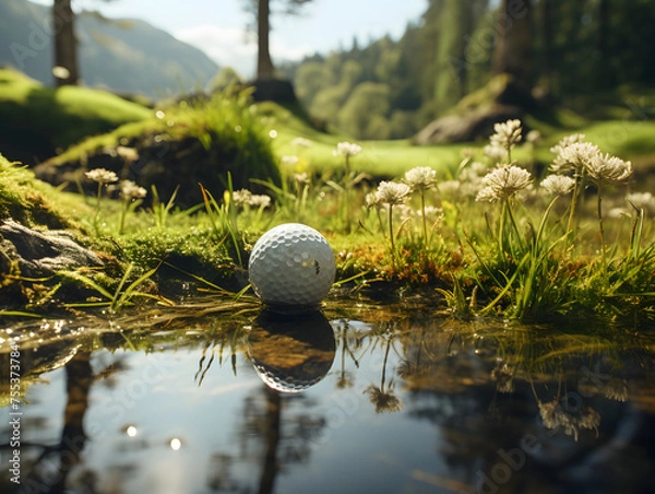 Obraz golf ball on a tee in the grass with sunlight