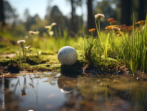 Obraz golf ball on a tee in the grass with sunlight