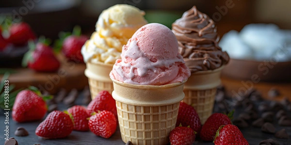 Fototapeta Strawberry Ice Cream and vanilla, chocolate ice cream cone flavor