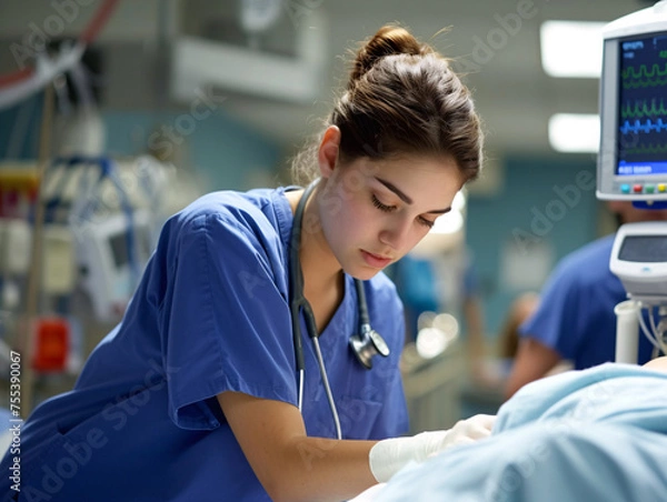 Fototapeta Compassionate medical nurse in blue uniform attentively cares for a patient in the ICU. Professionalism and empathy at work.