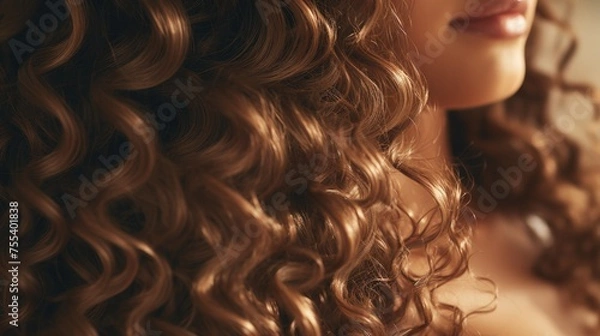 Fototapeta Close up of a woman with long curly hair, perfect for beauty and fashion concepts