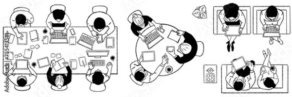 Fototapeta Aerial or top view of business people, informal wear, sitting at table working by using mobile digital gadget, tablet, laptop, smartphone. Outline, thin line art, doodle style. 