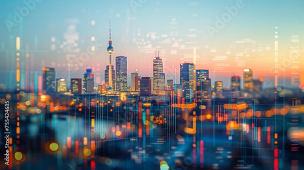 Fototapeta Berlin business skyline with stock exchange trading chart double exposure, Germany trading stock market digital concept