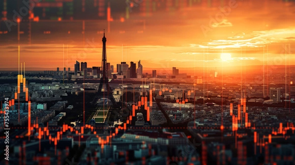 Fototapeta Paris business skyline with stock exchange trading chart double exposure, France with Eiffel tower trading stock market digital concept