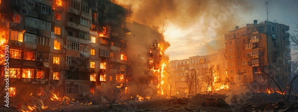 Obraz apartment buildings burning with various fires in the street