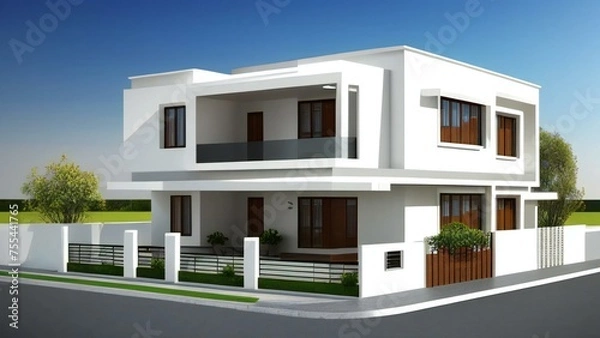 Fototapeta Modern two-story house with white facade and flat roof design, featuring large windows and a small front yard.