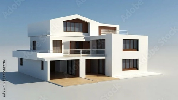 Fototapeta Modern two-story house with balconies and large windows on a white background.
