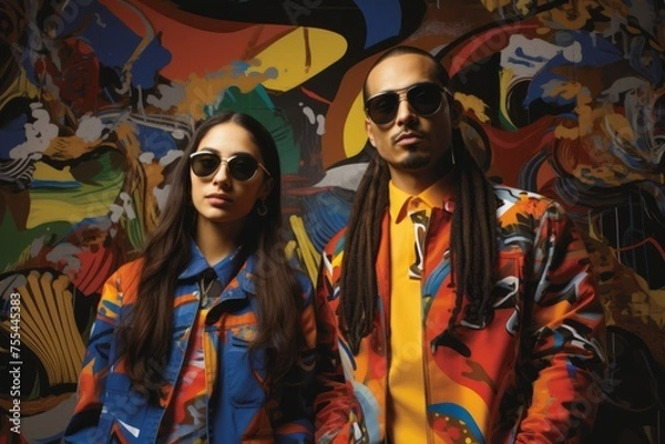 Fototapeta Fashionable duo posing in stylish outfits with an abstract graffiti background