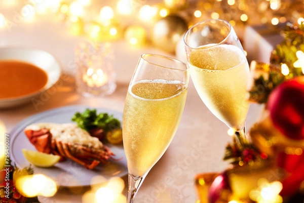 Obraz シャンパングラスで乾杯のシーン、パーティーとクリスマスイメージ