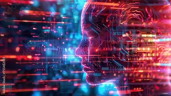 Fototapeta Vibrant digital matrix with AI and algorithms flowing, representing the fusion of technology and intelligence.