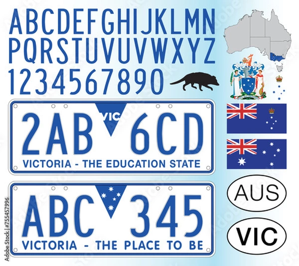 Fototapeta Victoria State australian car license plate pattern, letters, numbers and symbols, vector illustration, Australia