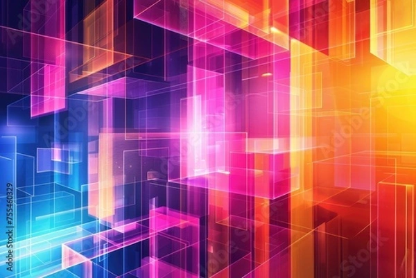 Obraz Abstrakcyjny wzór banera wysokiej technologii, geometryczne neonowe kolorowe kształty na czarnym tle. Technologia cyfrowa. Nowoczesna tapeta futurystyczna, inżynieryjna, naukowa, technologiczna. Zaawansowane technologicznie połączenie cyfrowe
