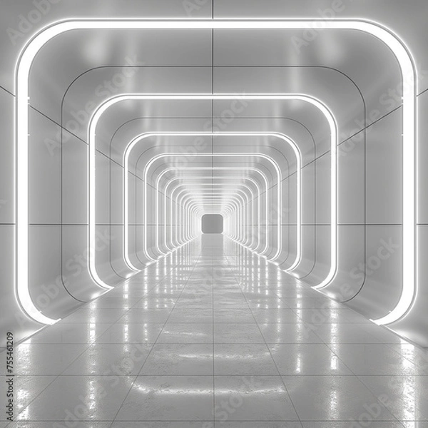 Obraz Białe tło 3D pokój światło abstrakcyjna technologia kosmiczna tunel podłoga scena. Pusty biały przyszłość 3D neonowe tło studio futurystyczny korytarz renderuje nowoczesną technologię AI