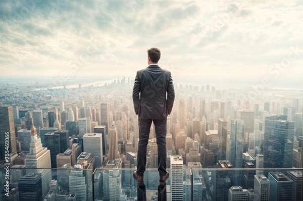 Fototapeta Back view of a young businessman standing on a rooftop looking at the city