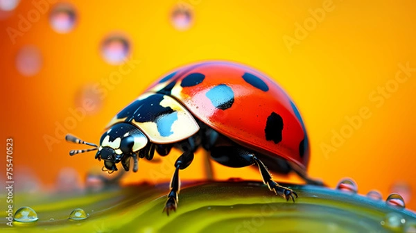 Fototapeta Close-up of a ladybug showing its bright colors and intricate patterns