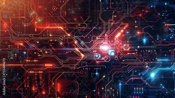 Obraz Abstract digital technology background with glowing circuit lines and electronic elements