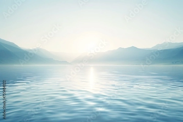 Obraz sunrise over the sea. A blue lake and blue mountains in the sun. The radiance of the sun on the background of water and mountains.