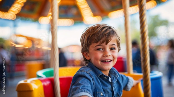 Fototapeta Cheerful young boy enjoys a carousel ride at an amusement park, captured with a blurred and glowing background