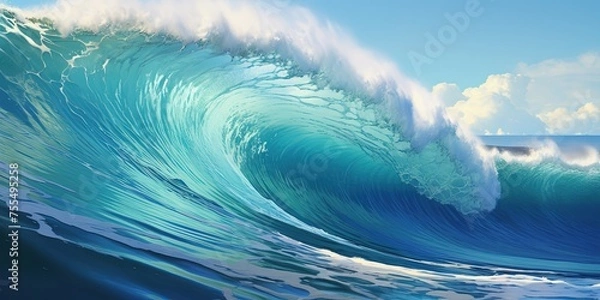 Fototapeta A beautiful ocean wave forming a tube. Summer tropical resort incoming wave.
