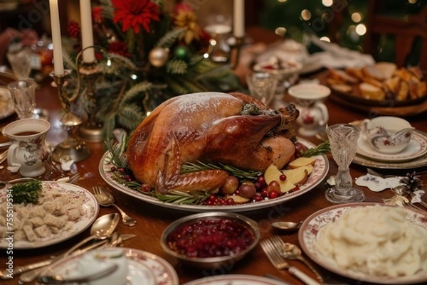 Fototapeta A festive holiday dinner table adorned with roast turkey, mashed potatoes, cranberry sauce, and all the trimmings. 
