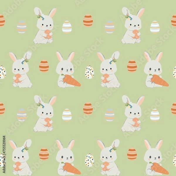 Fototapeta seamless pattern with rabbits and carrots. Easter pattern. Bunny with eggs. 