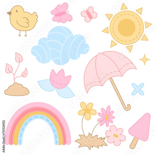 Obraz Colored vector set with icons on the theme of spring in pastel colors. Bird, flowers, umbrella, sun, clouds, rainbow