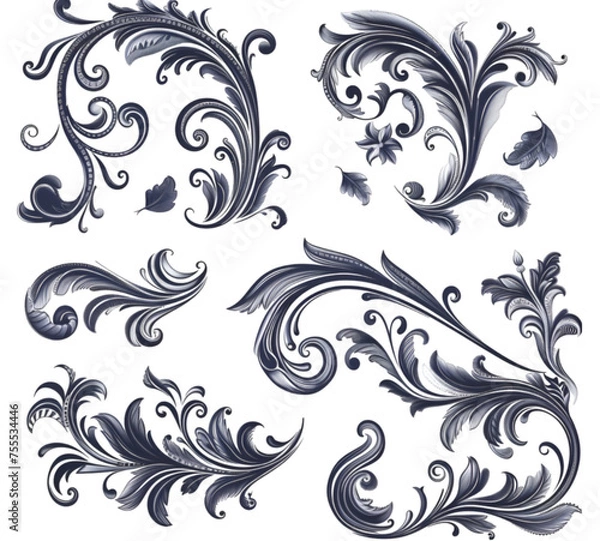Fototapeta Navy Floral Filigree Pattern and Scroll Heraldry Design Set Isolated on a Transparent Background