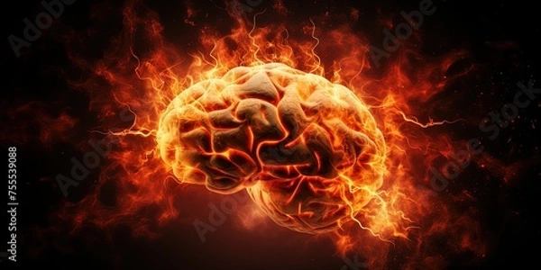 Fototapeta Side view of Brain on fire, exploding brain, disease concept like Parkinson's, Alzheimer's , dementia or Multiple Sclerosis