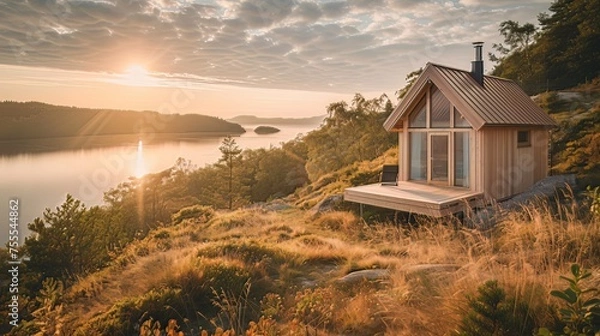 Fototapeta Wooden Cottage by the Lake: A small wooden cabin perched on a hill with a view of the lake. Sunlight streaming through the windows combines with the calm lake view, creating a peaceful living space.