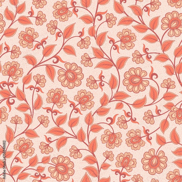 Fototapeta Indian-style floral seamless pattern on a textured background. Kalamkari. Hand-drawn branches.