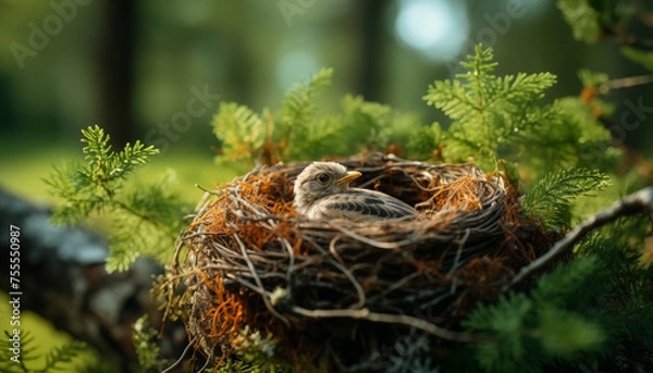Fototapeta bird's nest on a tree. the birth of new birds.