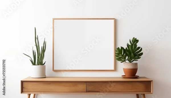 Fototapeta blank poster frame mockup on white wall with window with wooden chest of drawers and small green plant. 