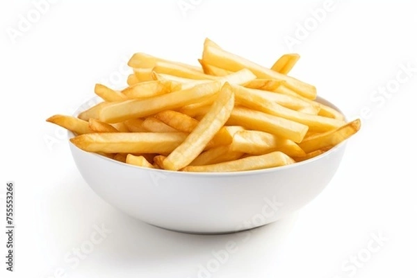 Obraz French fries in a white deep dish, on a white background, side view