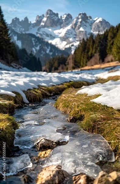 Fototapeta Winter meets spring in a stunning alpine landscape, captured by a Canon EOS R5 during golden hour, showcasing a perfect blend of snow, greenery, and warm sunlight.