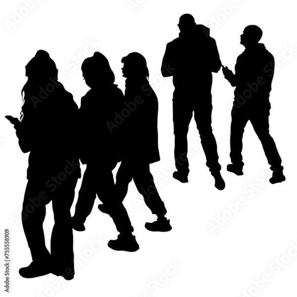 Fototapeta Vector silhouettes of 5 people on a walk isolated on a white background. three girls and 2 men walk to the side