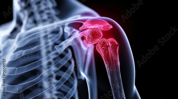 Fototapeta llustration of shoulder pain, highlighted in red on the shoulder area, on black background, x-ray human body. 