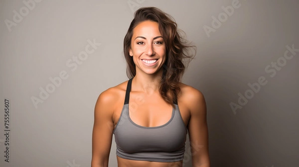 Obraz Portrait of a Beautiful Woman Radiating Post Exercise Glow and Positivity, Smiling after Completing a Workout, Still in Workout Attire, Taken in a Professional Photo Studio Setting