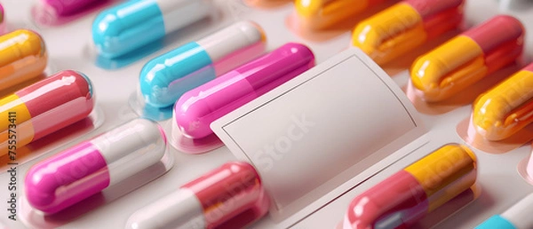Fototapeta Closeup of assorted medication capsules and tablets in a blister pack  for easy organization and dosage control