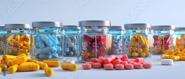 Fototapeta Close-up of assorted pharmaceutical pills and capsules in blister packs