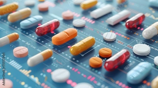 Obraz Assorted medication capsules and tablets in blister packs