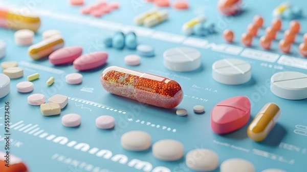 Fototapeta Closeup of assorted pills and capsules, some in blister packs, for various medical treatments