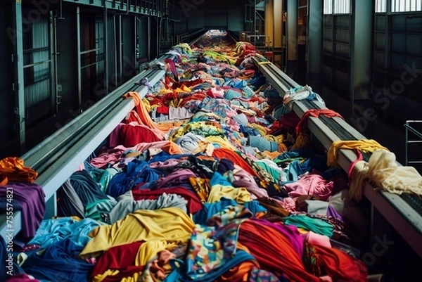 Fototapeta A conveyor belt overloaded with discarded textiles and clothing, overflowing and creating a colorful jumble, representing overproduction and waste in the fashion industry.