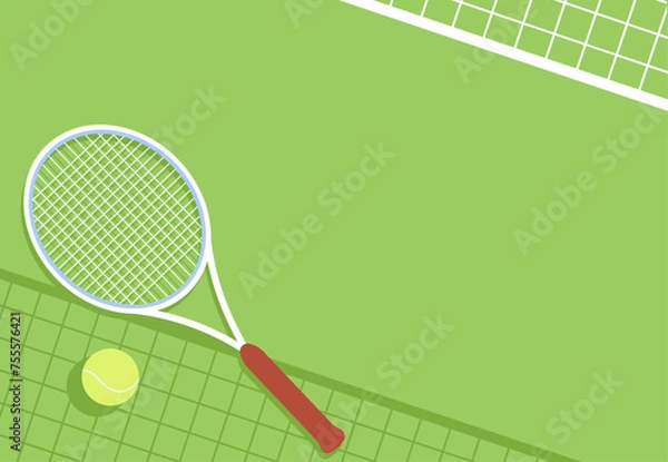 Fototapeta Aerial view of a green tennis court with a tennis ball, net and racket. Shade of tennis net. Outdoor sports and activities banner. Tournament game promotion background. Place for text.
