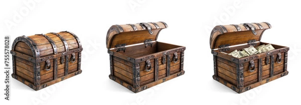 Fototapeta open treasure chest with with money, closed chest and empty open chest transparent cutout