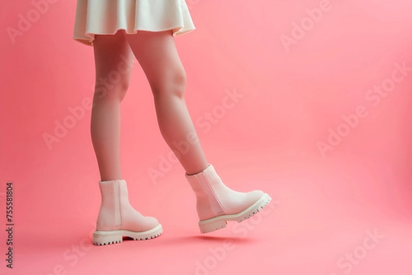 Fototapeta Woman's smooth legs and feet in pink suede boots, shoes, in short skirt on pink pastel background. Copy space, mock up. Footwear or laser epilation advertising. AI Generative