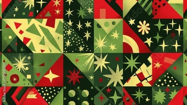 Fototapeta Christmas wrapping paper texture, Christmas abstract geometric mosaic background. Seamless Christmas pattern. branding, fabric, gift packaging