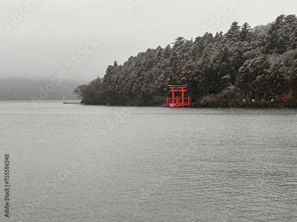 Fototapeta 雪の降る芦ノ湖と朱色の鳥居。