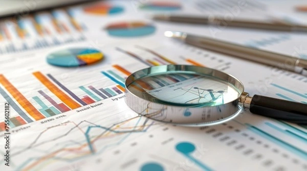 Fototapeta business documents  with magnifying glass