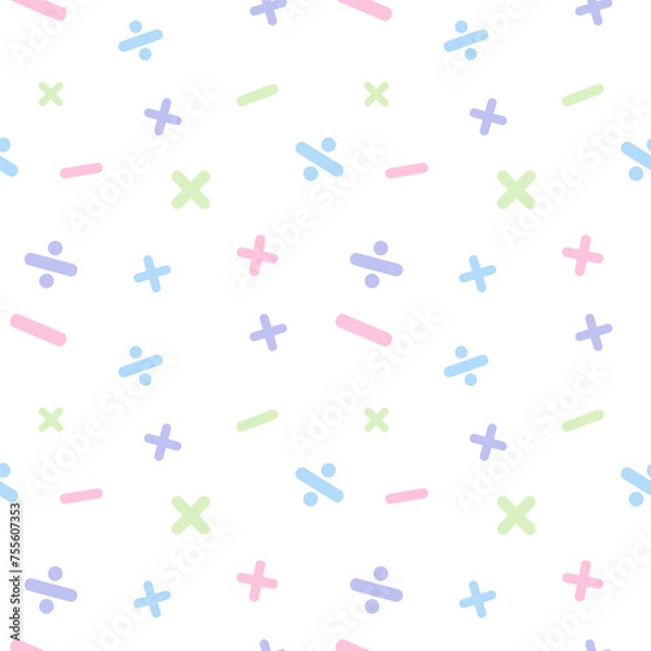 Obraz Seamless pattern cute pastel math symbols on white background. Can be used for wallpaper, wrapping paper, cards, pattern for clothes and other. Vector illustration.