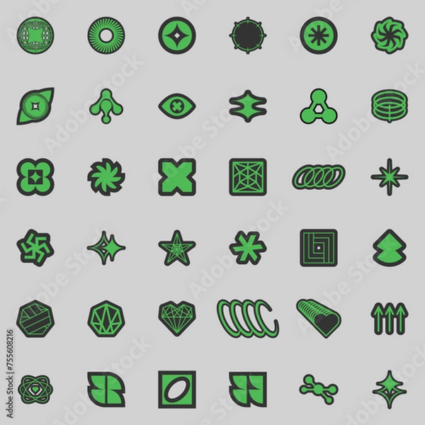 Fototapeta Retro futuristic elements for design. Big collection of abstract graphic geometric symbols and objects in y2k style. Templates for notes, posters, banners, stickers, business cards, logo.